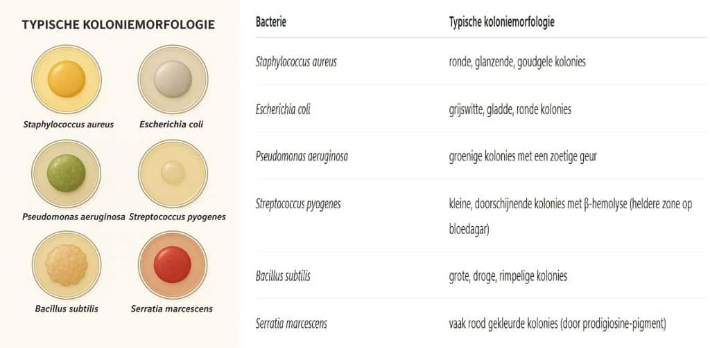 Bacteriekolonies en hun kleuren Tekst en afbeelding